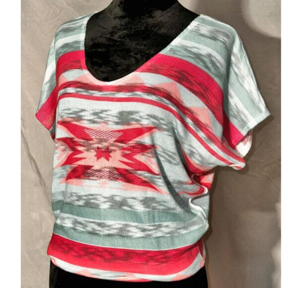 Southwest Design Sweater, Batwing, V-Neck, Orange and Green, Large - Picture 6 of 8